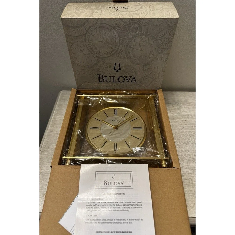 NIB Bulova B1700 Grand Prix Glass Mantel Desk Clock Gold Tone New In Box